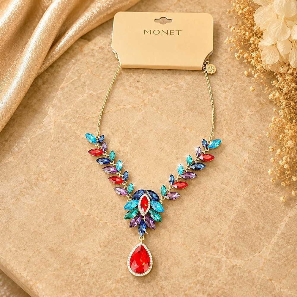 Vintage Monet Multicolor Crystal Statement Necklace Gold Tone Sample New